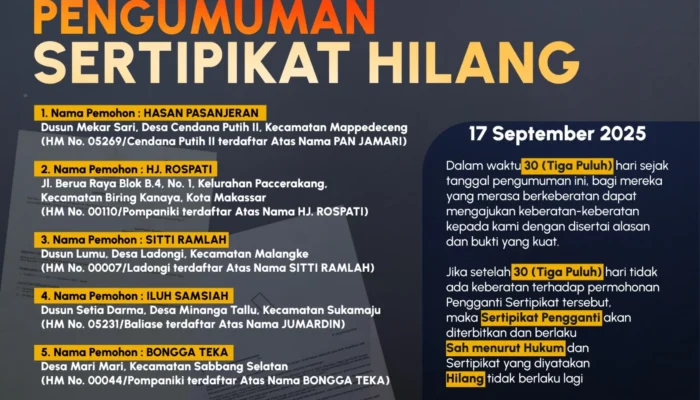 Umumkan Sertipikat Hilang Kantor Pertanahan Luwu Utara Wujud Keterbukaan dan Kepastian Hukum,Berikut Daftar nya